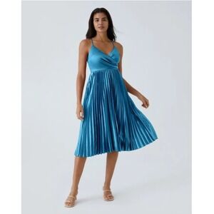 New Halara Women's Blue V-Neck Lace UP Pleated Midi Dress Size S